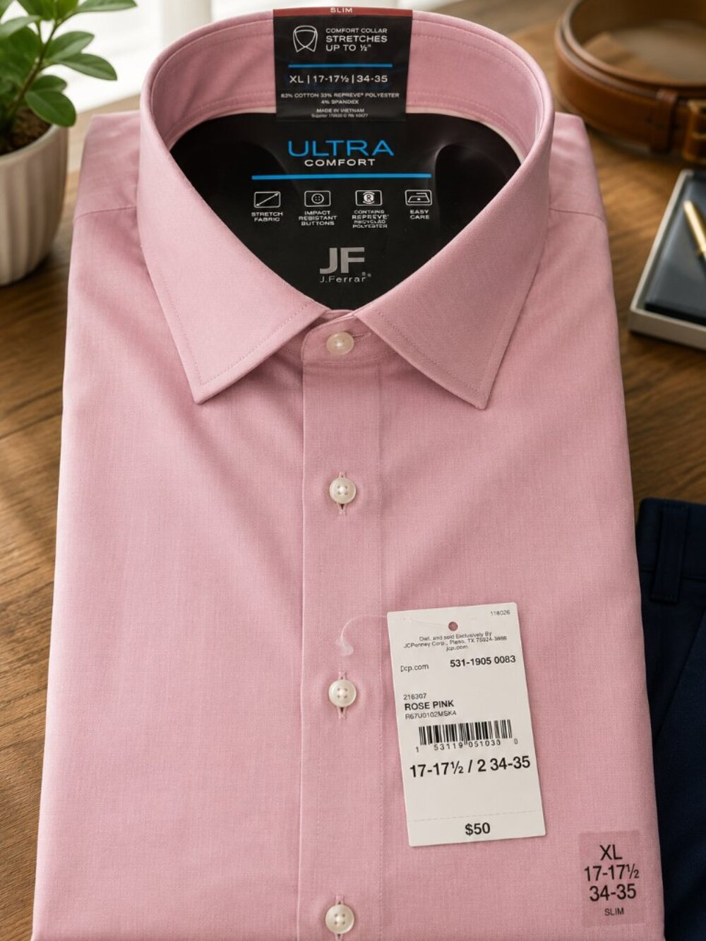 NWT J. Ferrar Ultra Comfort Rose Pink Slim Fit Dress Shirt XL 17-17½ 34/35 - Picture 1 of 5